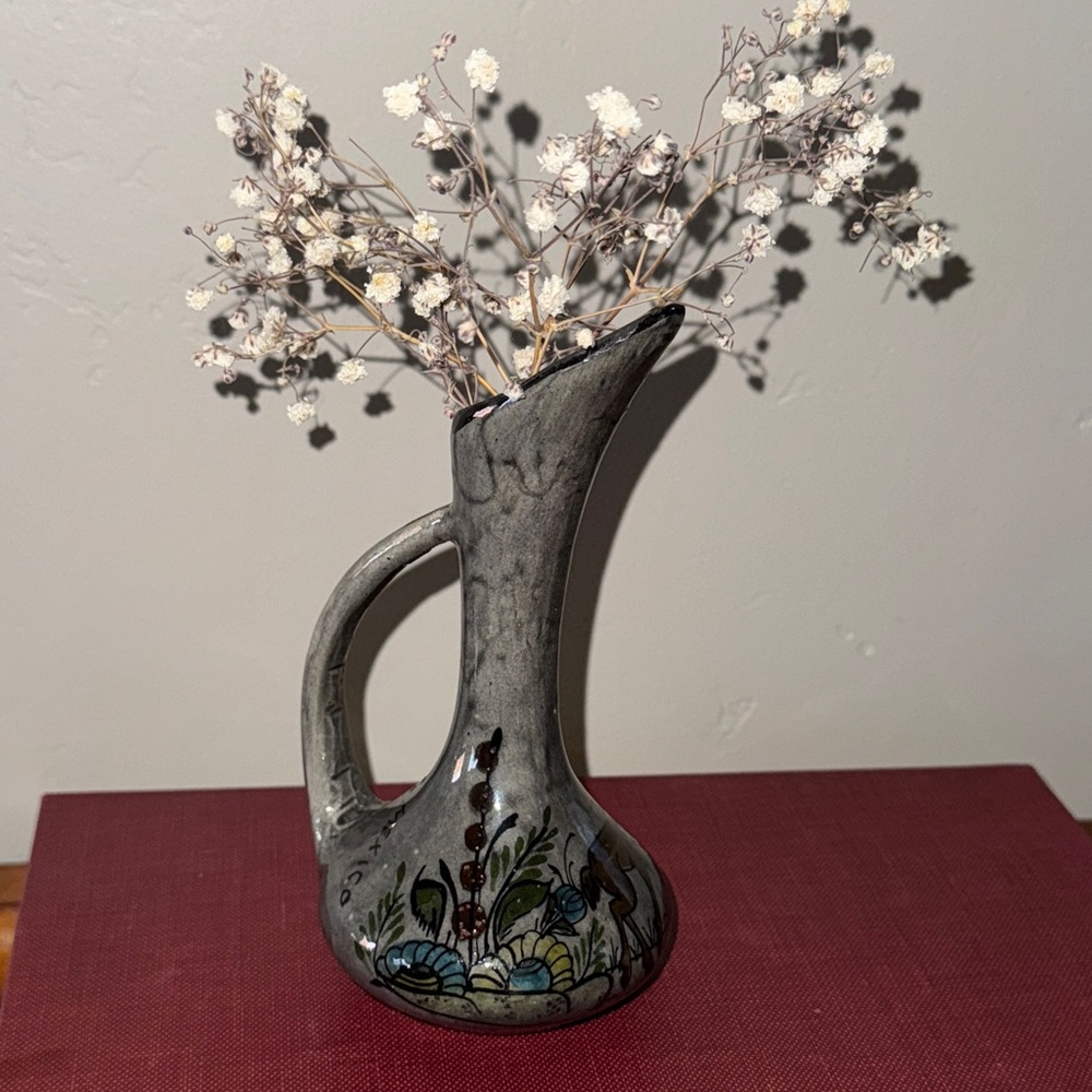 Vintage Handcrafted Mexican Floral Animal Folk Art Pottery Vase Glazed Marked